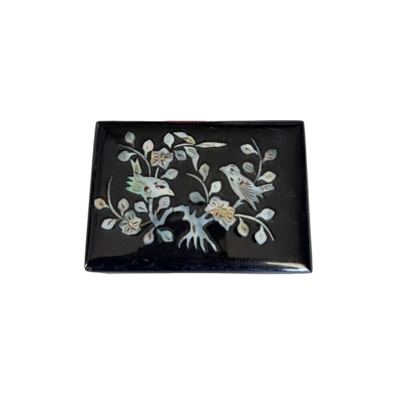 Vintage Black Lacquer Jewelry Box Mother of Pearl Inlay Birds Flowers Trinket - Picture 1 of 7